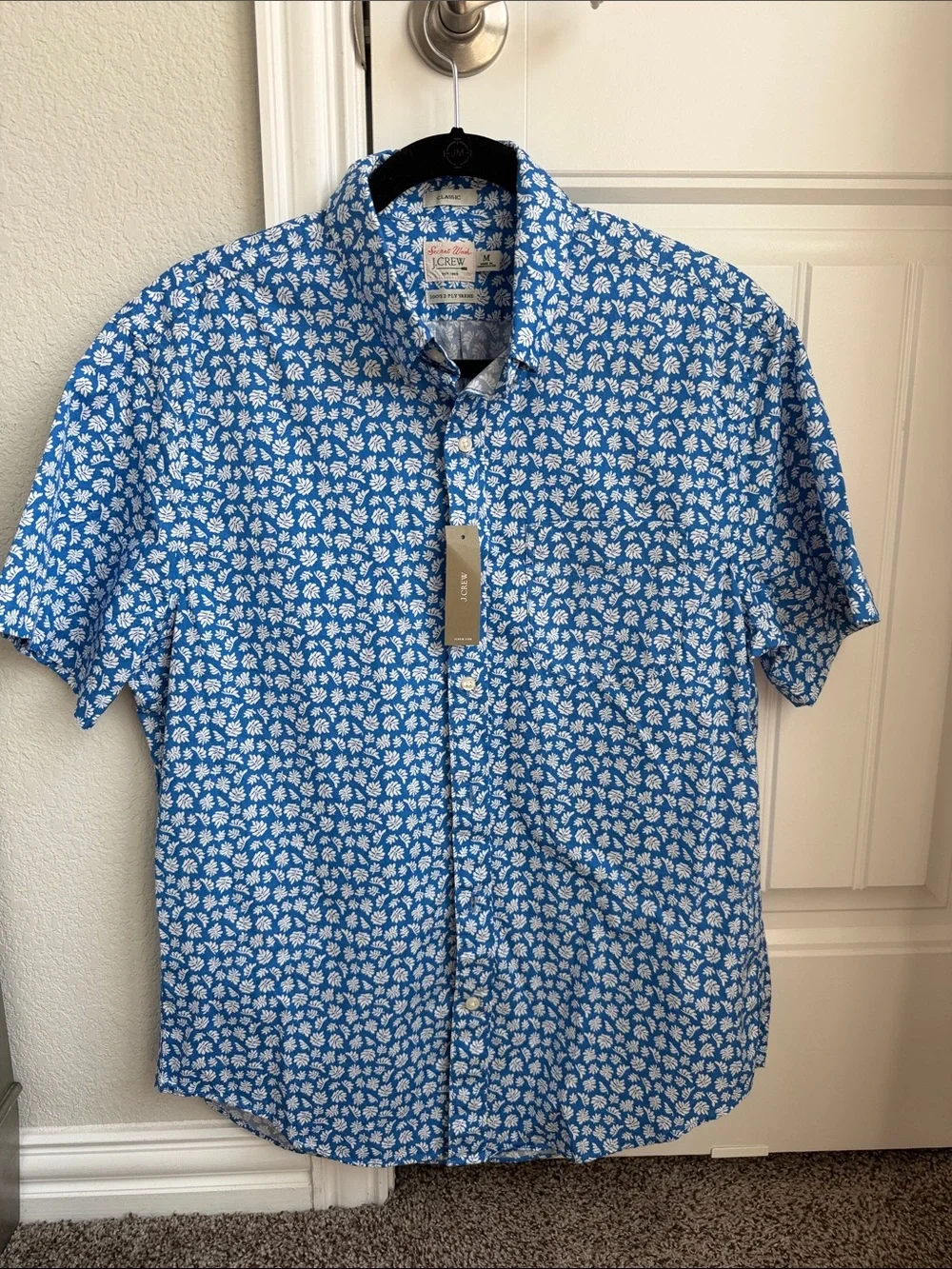 J. Crew Blue and White Floral Short-Sleeve Button-Down Shirt